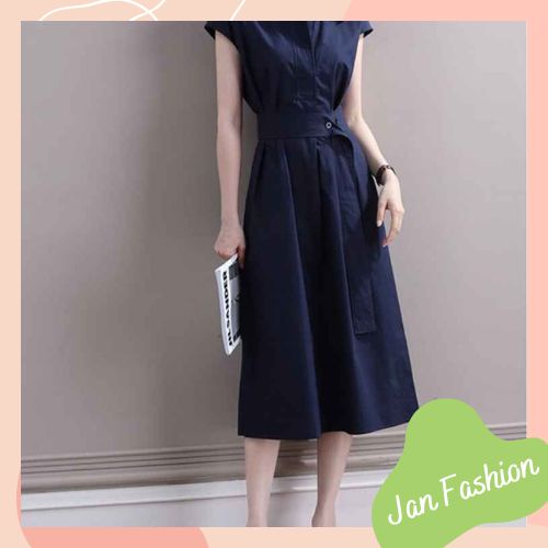 Váy sơ mi xanh than cộc tay thắt eo