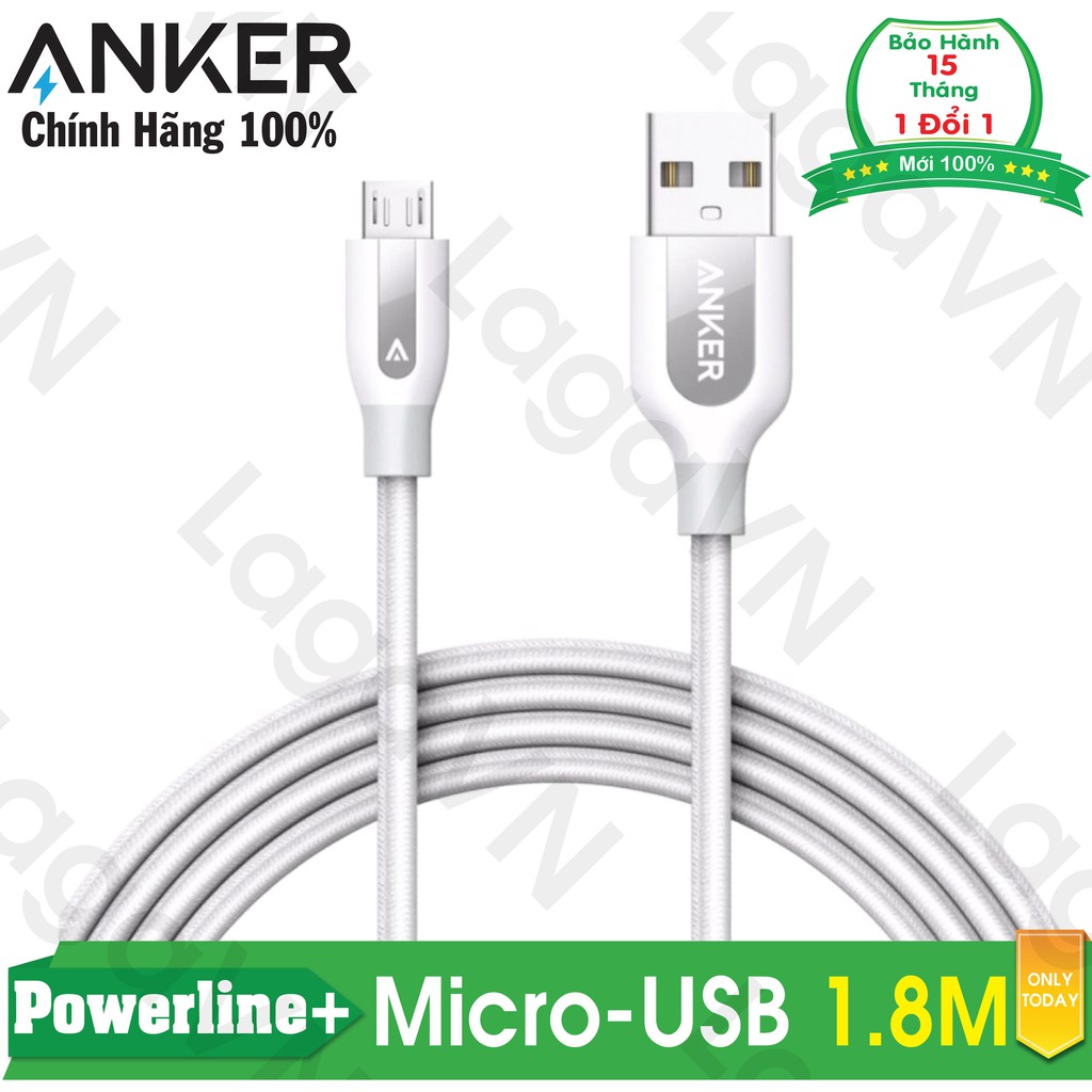 [Freeship toàn quốc từ 50k] Cáp sạc siêu bền ANKER Powerline+ Micro-USB 1.8m cho Android (Trắng)