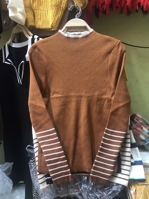 Áo len tay kẻ phối viền cổ ( ảnh thật)