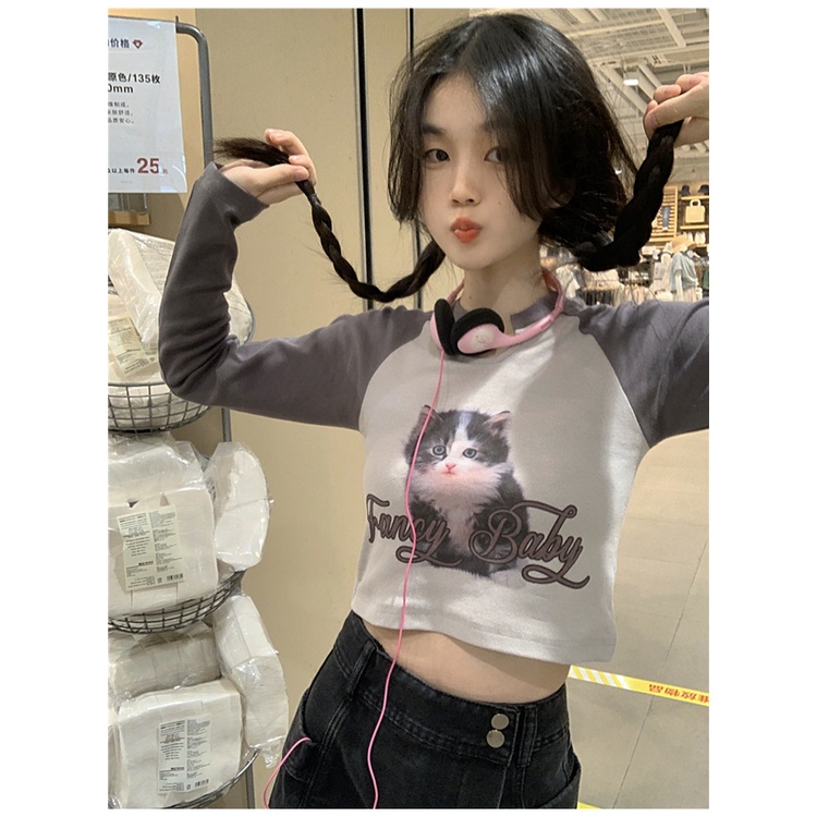 Áo Thun Tay Dài Màu Sắc Tương Phản Phong Cách Retro Dành Cho Nữ