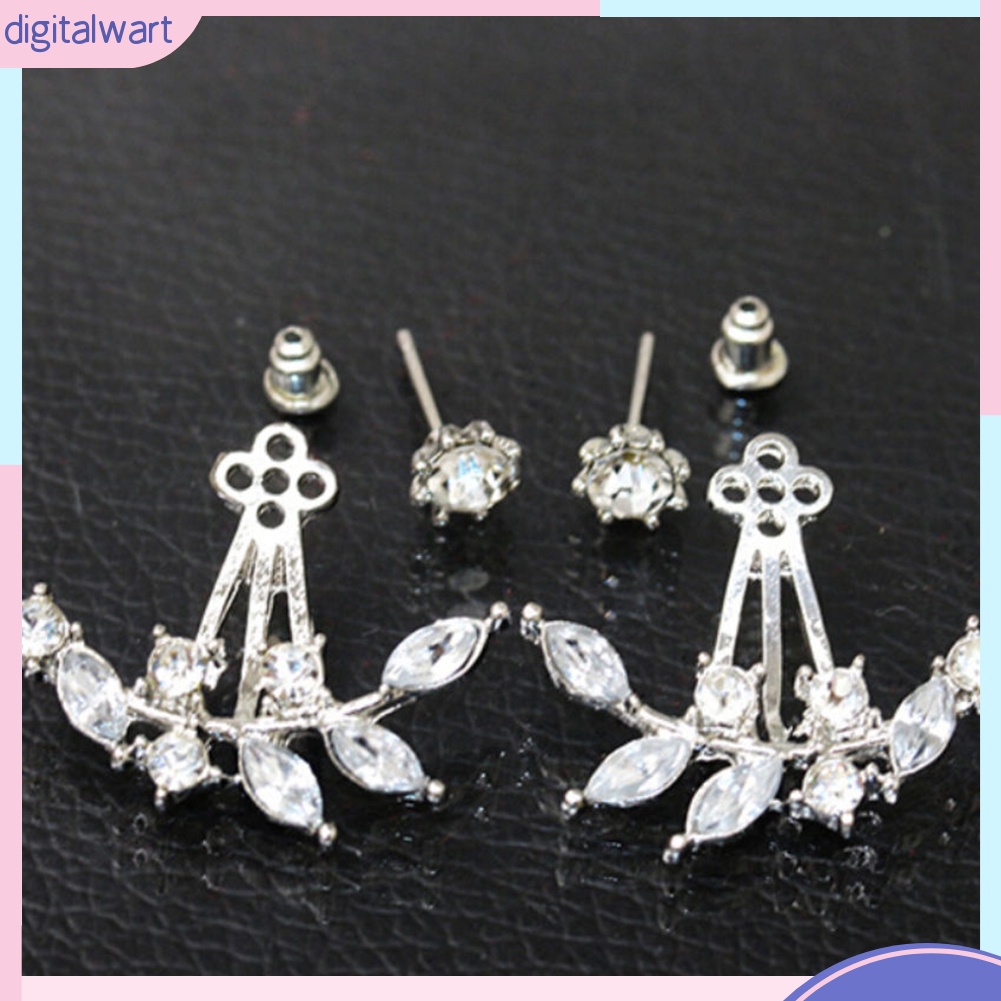 Cặp khuyên tai thiết kế hình lá đính hạt kim cương nhân tạo sang trọng lấp lánh dành cho nữ