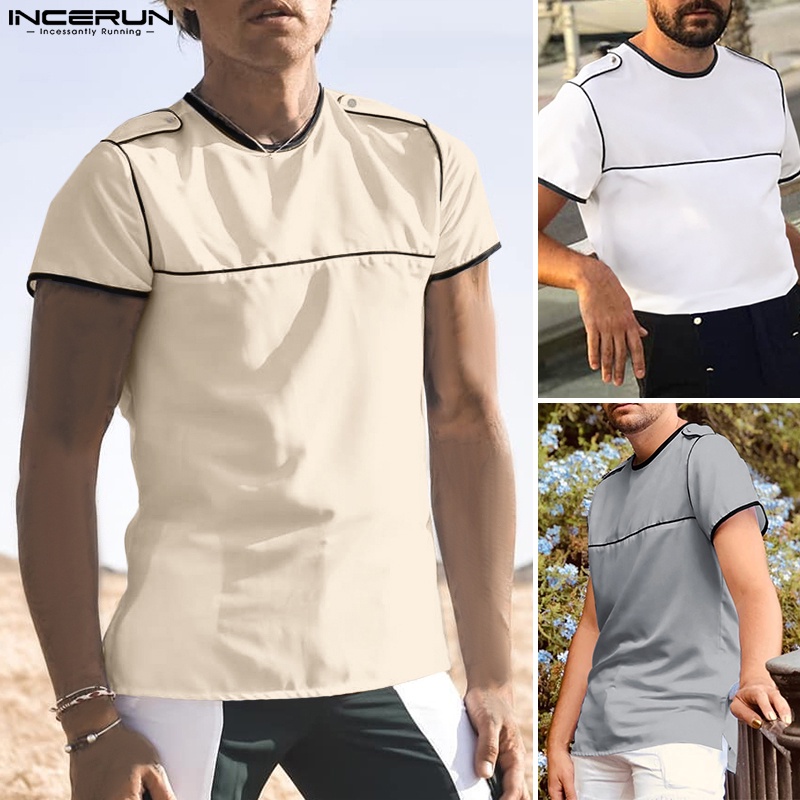 Áo thun INCERUN tay ngắn cổ tròn màu sắc tương phản thời trang cho nam