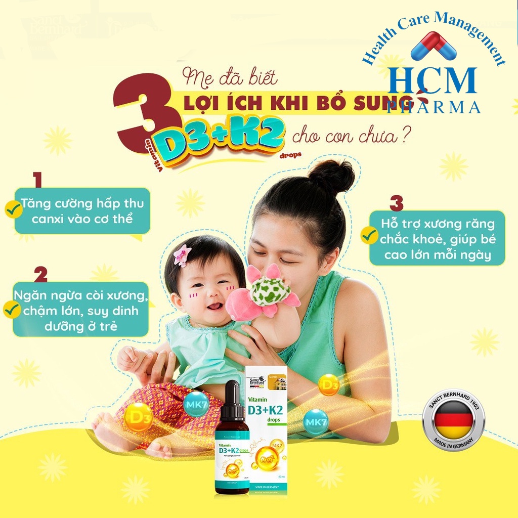 Vitamin D3 K2 mk7 tăng chiều cao cho trẻ sơ sinh Sanct Bernhard dạng drop chai 10ml nhập khẩu Đức HCM PHARMA TTG12