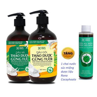 Combo dầu gội xả thảo dược gừng dừa hữu cơ Cocayhoala tặng kèm 1 chai nước súc miệng dược liệu cao cấp Rona