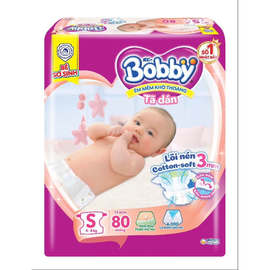 Tã dán Bobby size S80, S80+6 - mới 80 miếng (cho trẻ 4-8kg)
