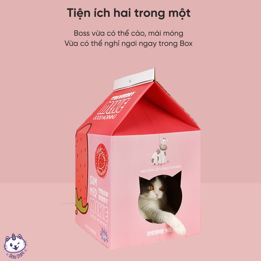 Hộp box nhà catton kèm bàn cào móng cho mèo, hình hộp sữa - Tặng kèm catnip