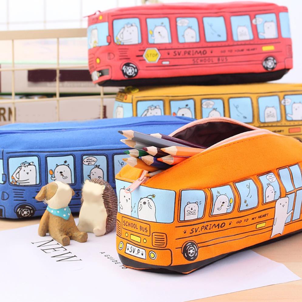 Túi đựng bút bằng vải canvas kiểu dáng xe bus xinh xắn - Hộp bút xe Bus Họa tiết dễ thương