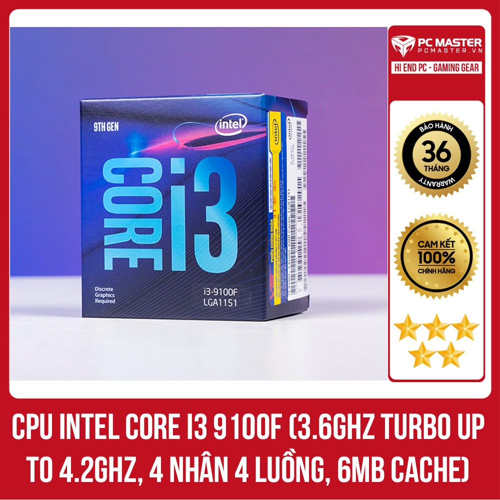 CPU Intel Core i3 9100F (3.6GHz Turbo Up To 4.2GHz, 4 nhân 4 luồng, 6MB Cache, Coffee Lake)