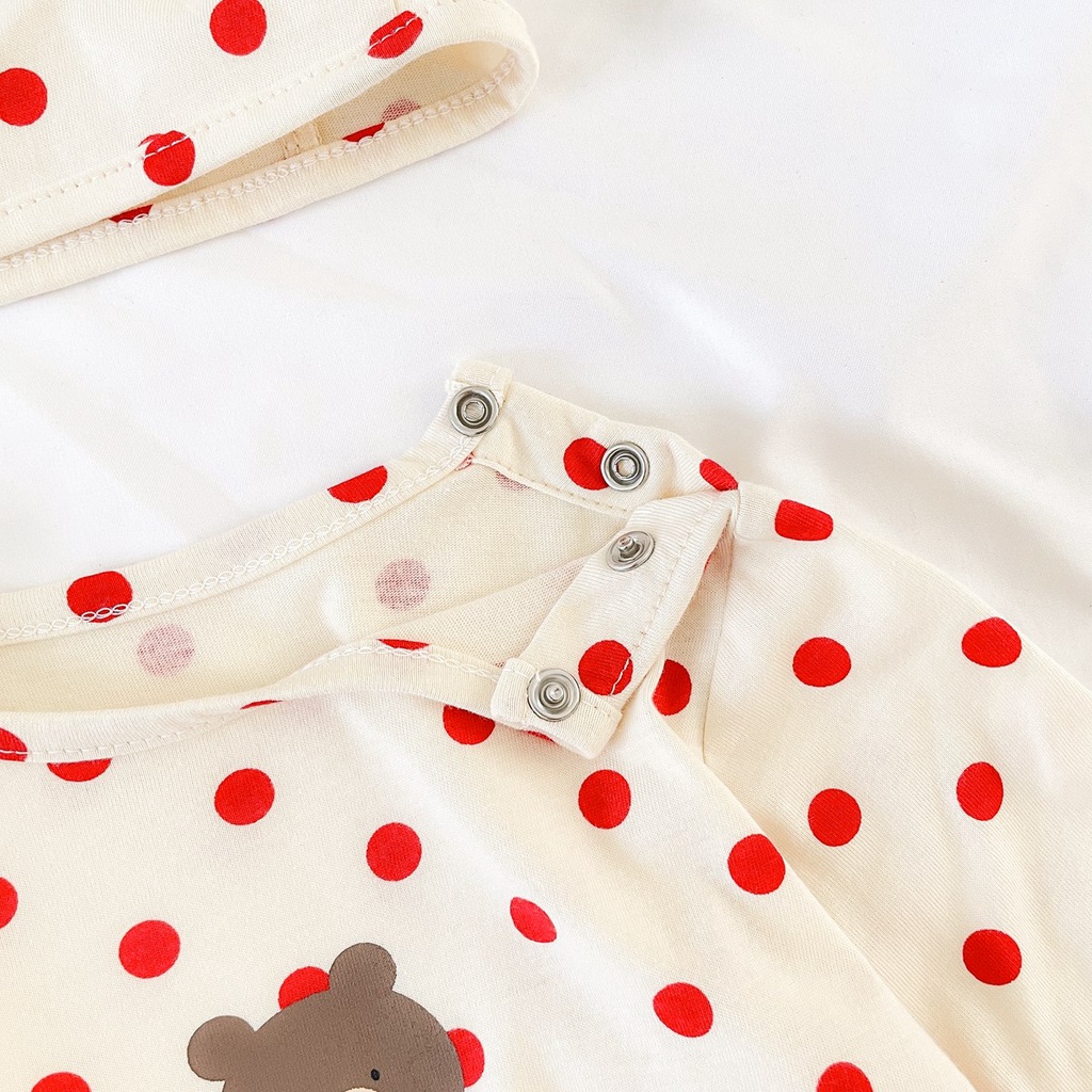 Bộ Áo Liền Quần Chấm Bi Hình Gấu Dễ Thương Kèm Mũ Thời Trang Mùa Thu Cho Bé Trai + Gái