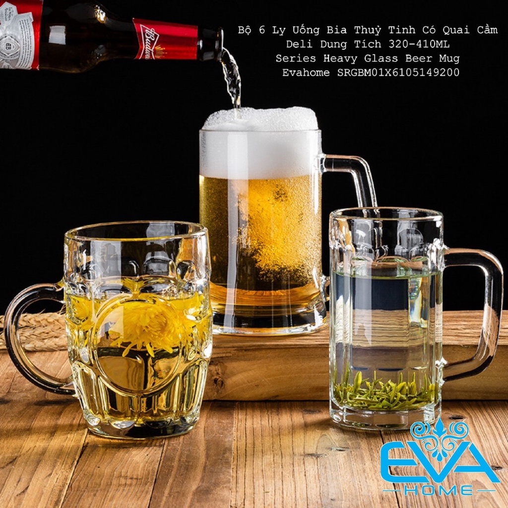 Bộ 6 Ly Uống Bia Thuỷ Tinh Có Quai Cầm Deli Dung Tích 320-410ML Heavy Glass Beer Mug 9.5-12.5 OZ