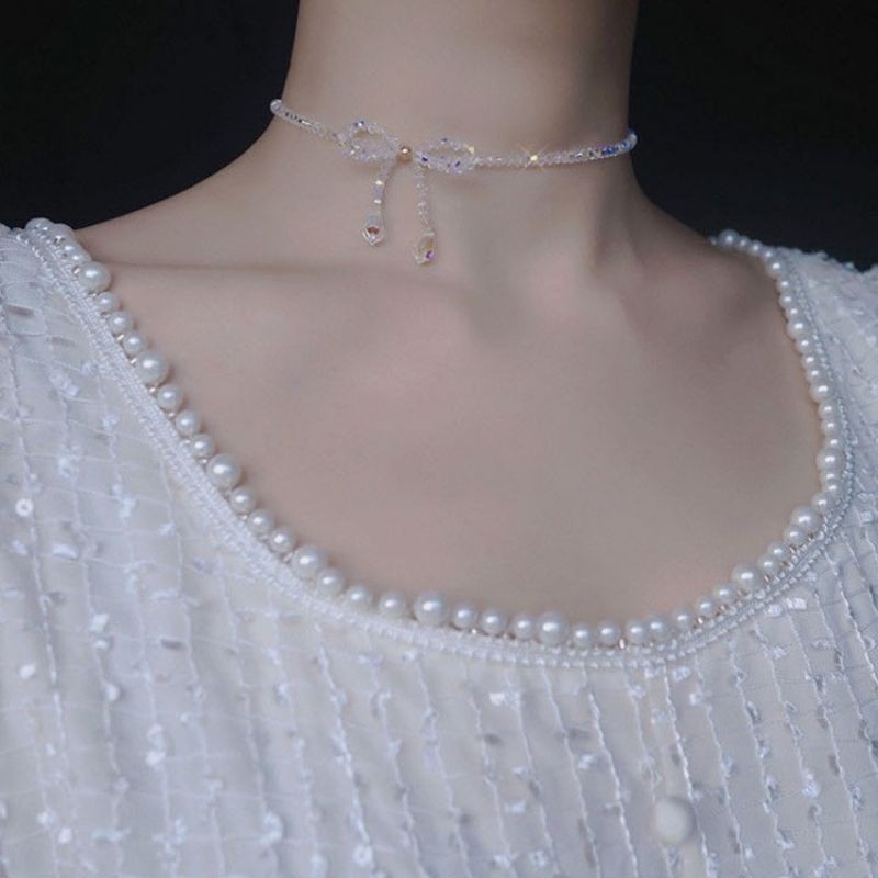 Chocker vòng cổ dây chuyền nữ đá pha lê thắt nơ dễ thương