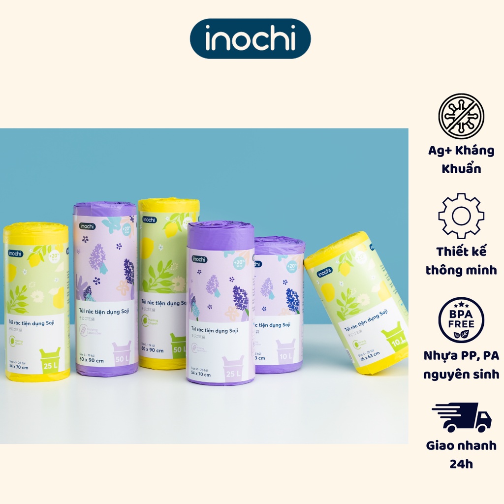 Túi đựng rác tự hủy hương chanh / hương lavender có quai cao cấp inochi, đạt tiêu chuẩn xuất khẩu Châu Âu
