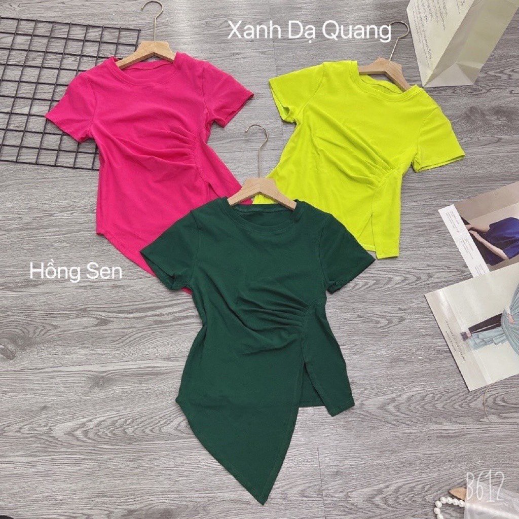 Áo thun body tay ngắn vạt bầu nhọn nhún eo dáng ngắn