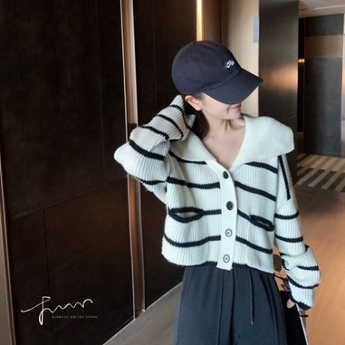 Áo khoác cardigan ZHELIHANGFEI len tay dài dáng rộng họa tiết kẻ sọc thời trang thanh lịch dành cho nữ