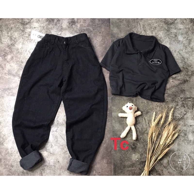 Sét quần baggy bò đen kèm áo crt lô gô