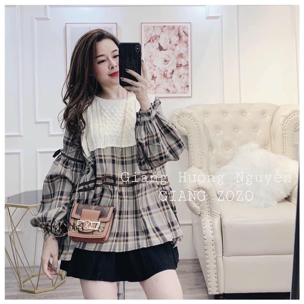 Áo Sơ Mi Nữ Sọc Kẻ Form Rộng Pha Len Babydoll Phong Cách Trẻ Trung Năng Động, Kiểu Dáng Bo Tay Tiểu Thư, Phối Màu Sang