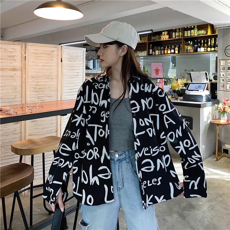 Áo sơ mi tay dài/tay ngắn in chữ phong cách graffiti thời trang Hàn Quốc và mũ thời trang (bán riêng) | BigBuy360 - bigbuy360.vn