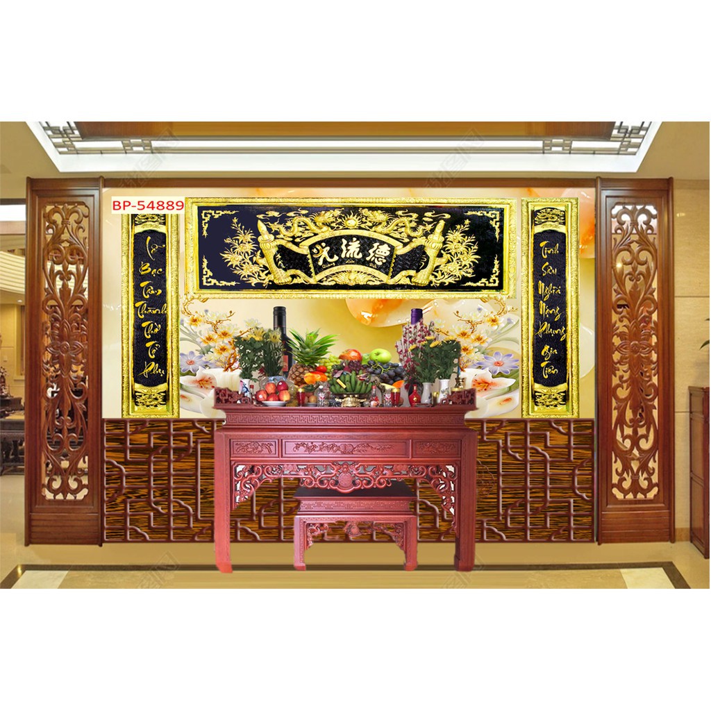 Tranh in ngũ quả hoành phi trang trí phòng thờ dán tường 3D  kích thước rộng 150 x 120