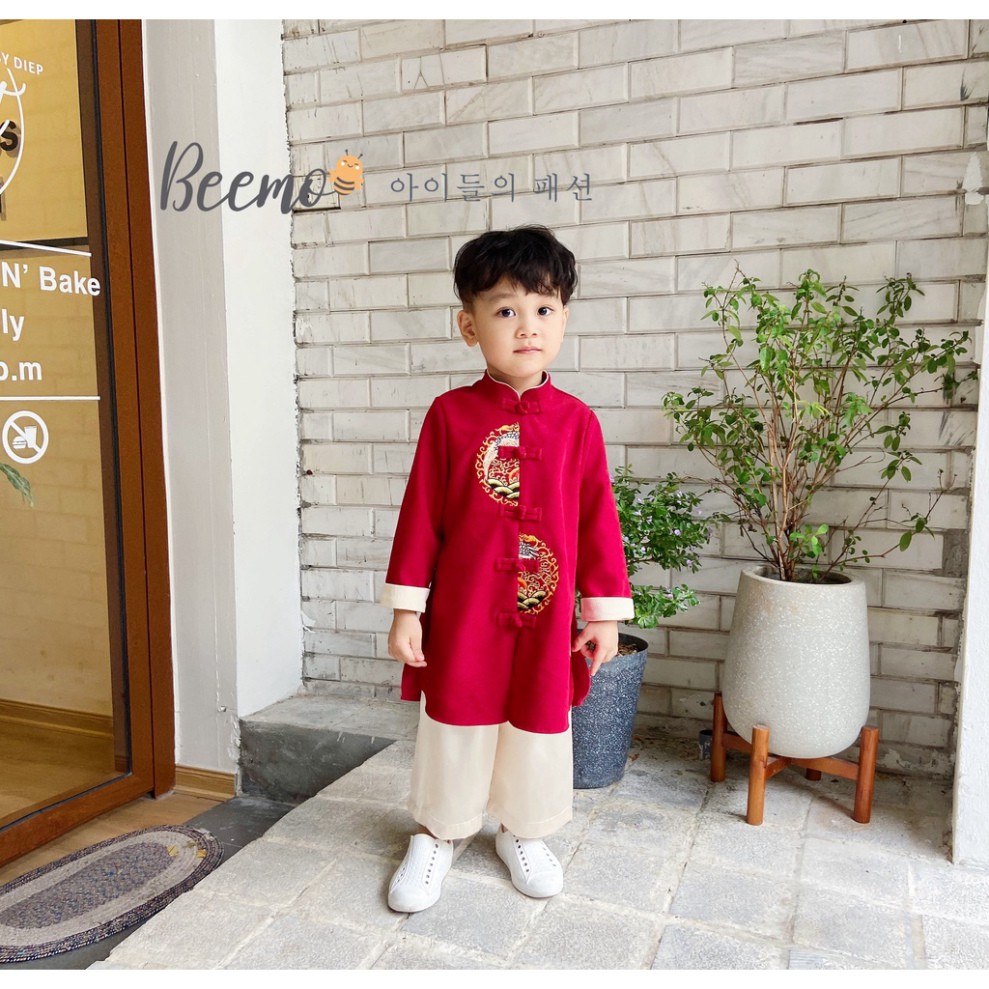 Set/Bộ áo dài xẻ tà 2 màu cho bé trai - 20B100