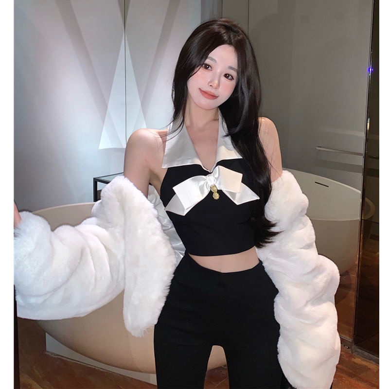 Pure desire to hit color splicing neck bow vest female spring sexy shoulder slim short style strap top