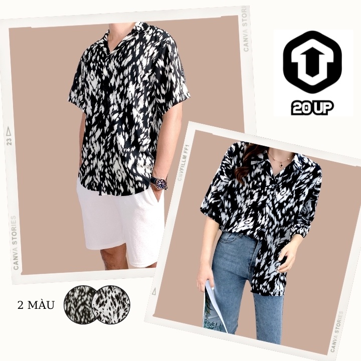 Áo sơ mi nam nữ unisex họa tiết da báo ngắn tay cổ bẻ 20UP form rộng 50-85kg 100% lụa cao cấp nhẹ thoáng mát không nhăn