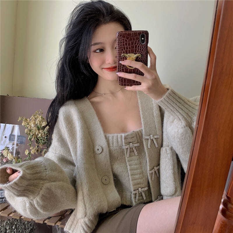 Áo khoác len dài tay cổ chữ V phong cách Hàn Quốc thời trang cho nữ