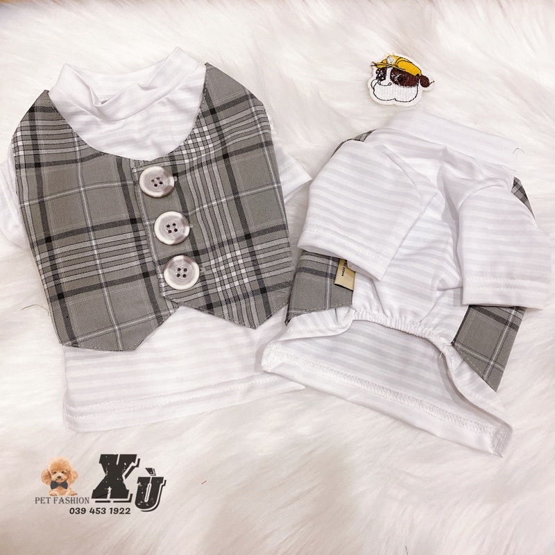 Áo thun-ghile xám/ Áo dập ly có tay kèm nơ siêu xinh cho các bé chó mèo thú cưng