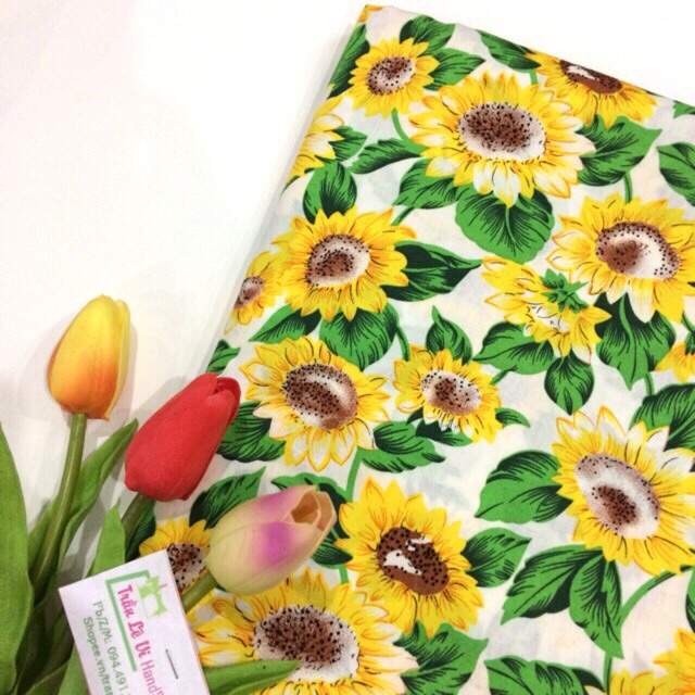 #V94🌻 VẢI TWILL HOẠ TIẾT HOA HƯỚNG DƯƠNG MAY ĐỒ CHO TRẺ EM, DOLL, OBITSU, DIY, DECOR, HANDMADE, QUILTING, SCRUNCHIES