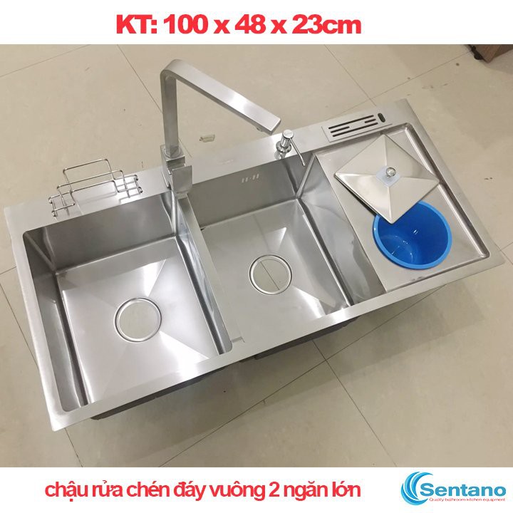 Chậu rửa chén đúc liền khối inox 304 SENTANO 2 ngăn 100X48cm - Bồn rửa chén inox 2 ngăn | BigBuy360 - bigbuy360.vn