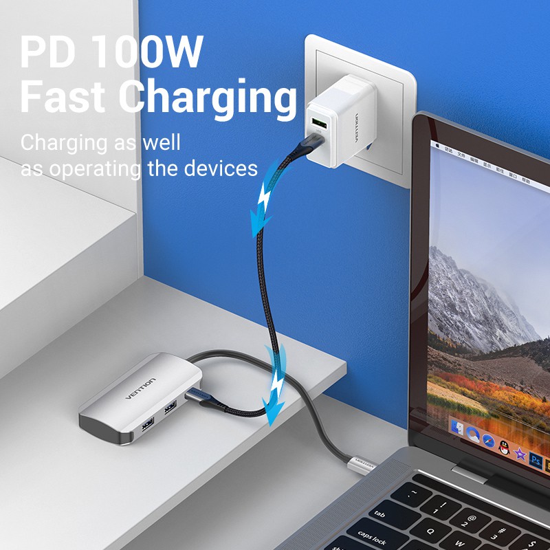 Bộ HUB Vention 5 Trong 1 Chuyển Đổi USB C Sang USB3.0/PD Bằng Hợp Kim Nhôm Cho Laptop PC