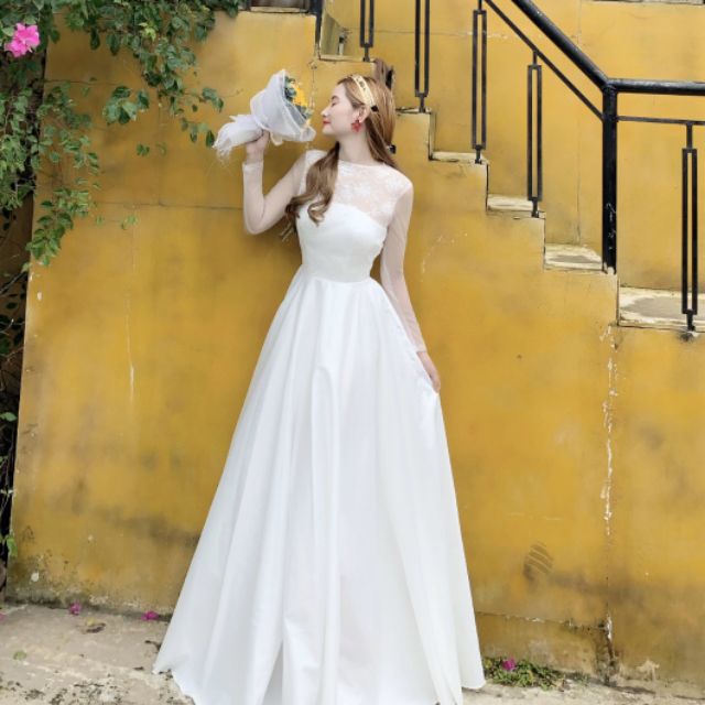 Váy maxi trắng dạ hội tay dài phối lưới ren siu xinh lại kín đáo
