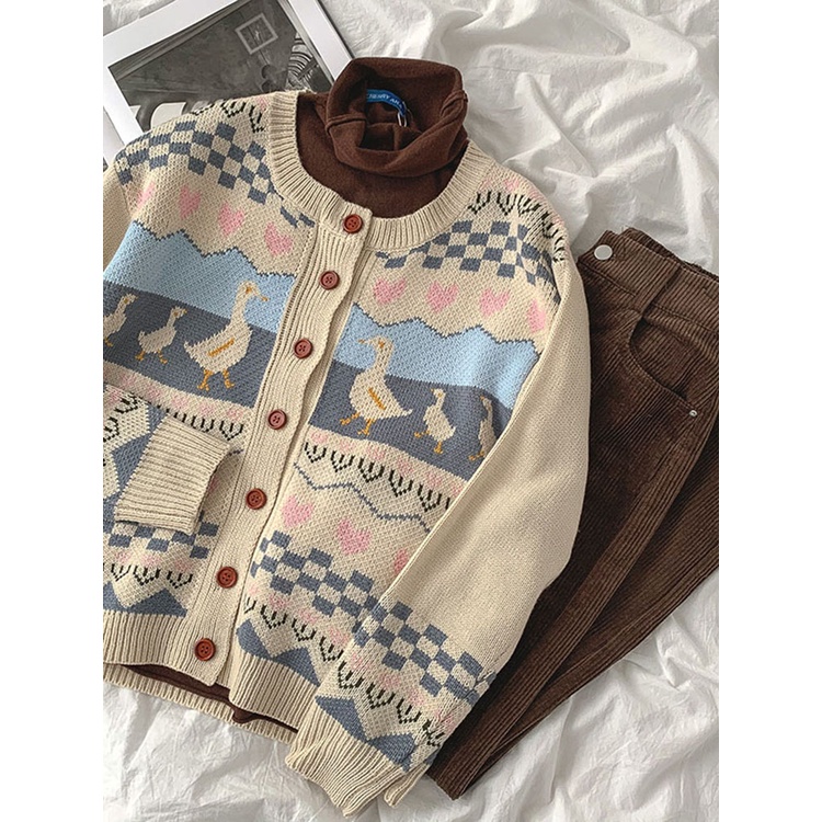 Áo Cardigan Tay Dài Thổ Cẩm Họa Tiết Vịt Béo Cho Nữ