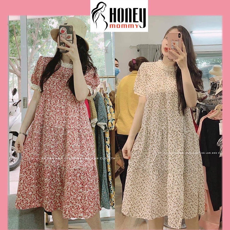 Váy Bầu Mùa Hè Đầm Bầu Hoa Nhí Cổ Ren Kèm Đai Thắt HD4805 Honey Mommy