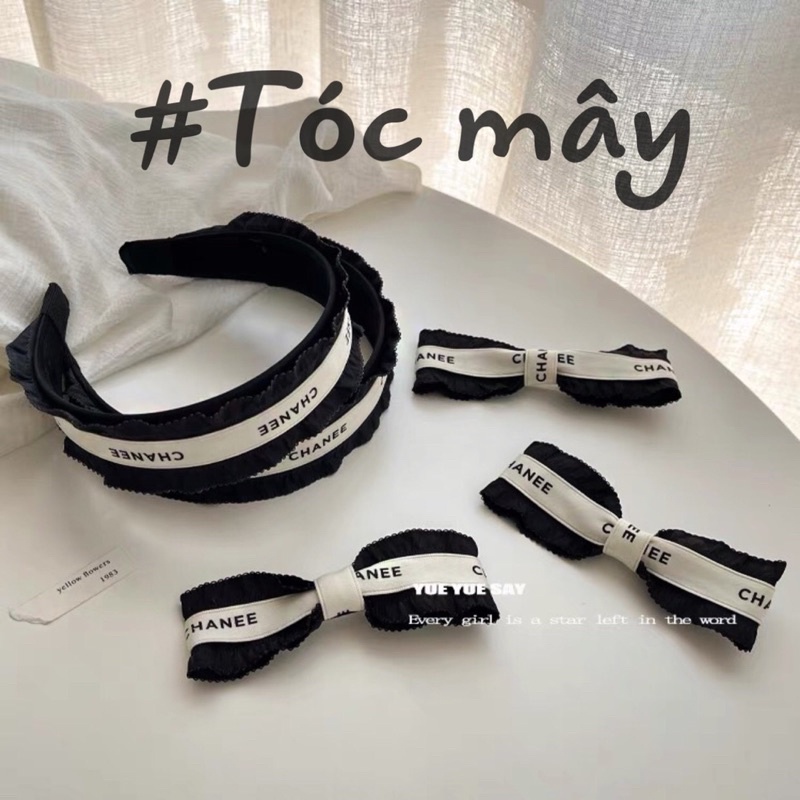 Bờm tóc và nơ kẹp tóc chữ sang chảnh viền đen trắng BT576