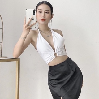 Áo croptop yếm khoen tròn dây cột hở lưng phong cách sexy - chuly