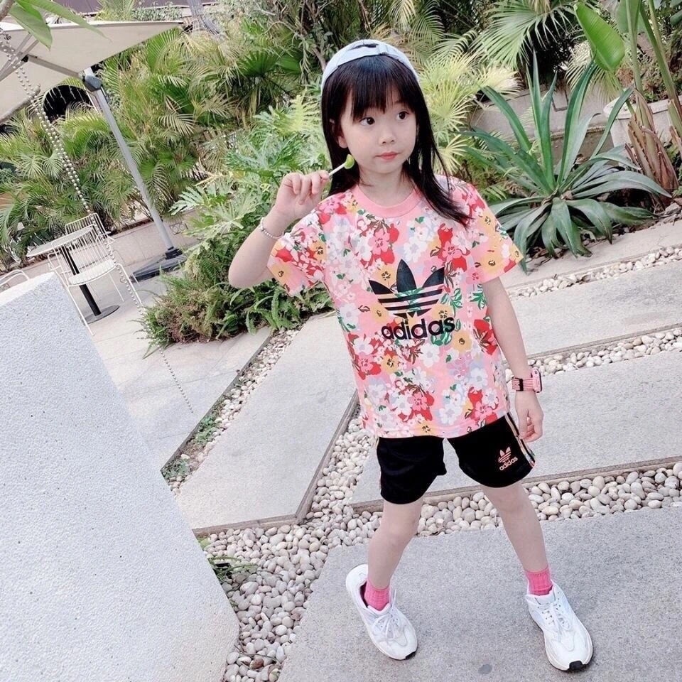 ADIDAS Set Áo Thun Ngắn Tay Và Quần Dài In Hoa Thời Trang Cho Bé Gái