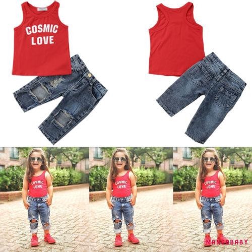 Set 2 Món Áo Thun Sát Nách + Quần Denim Dài Thời Trang Cho Bé Gái