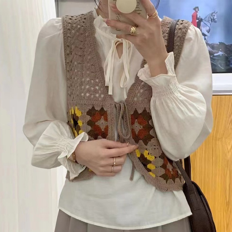 Xiangbao Áo Khoác Ghi Lê Dệt Kim Không Tay Thêu Họa Tiết Caro Cổ Điển Cho Nữ