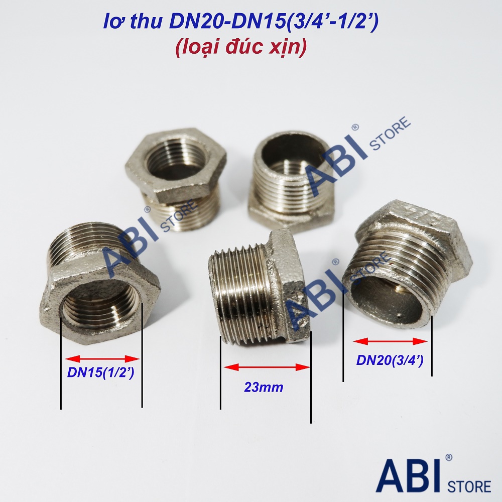 Lơ thu ren trong 21 ren ngoài 27 inox đúc, chuyển bậc ren dn20(3/4) về dn15( 1/2)-( nơ inox, nối 2 đầu ren, cà rá inox)