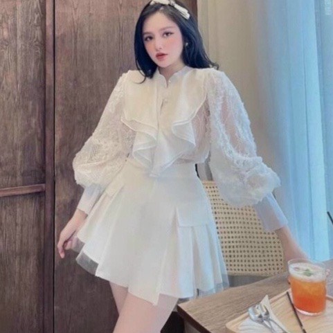 Chân Váy Xếp Li Phối Lưới Tuyết Mưa 2 Màu Đen Trắng May Kèm Quần Trong-Thời Trang-Tôn Dáng-Cao Cấp