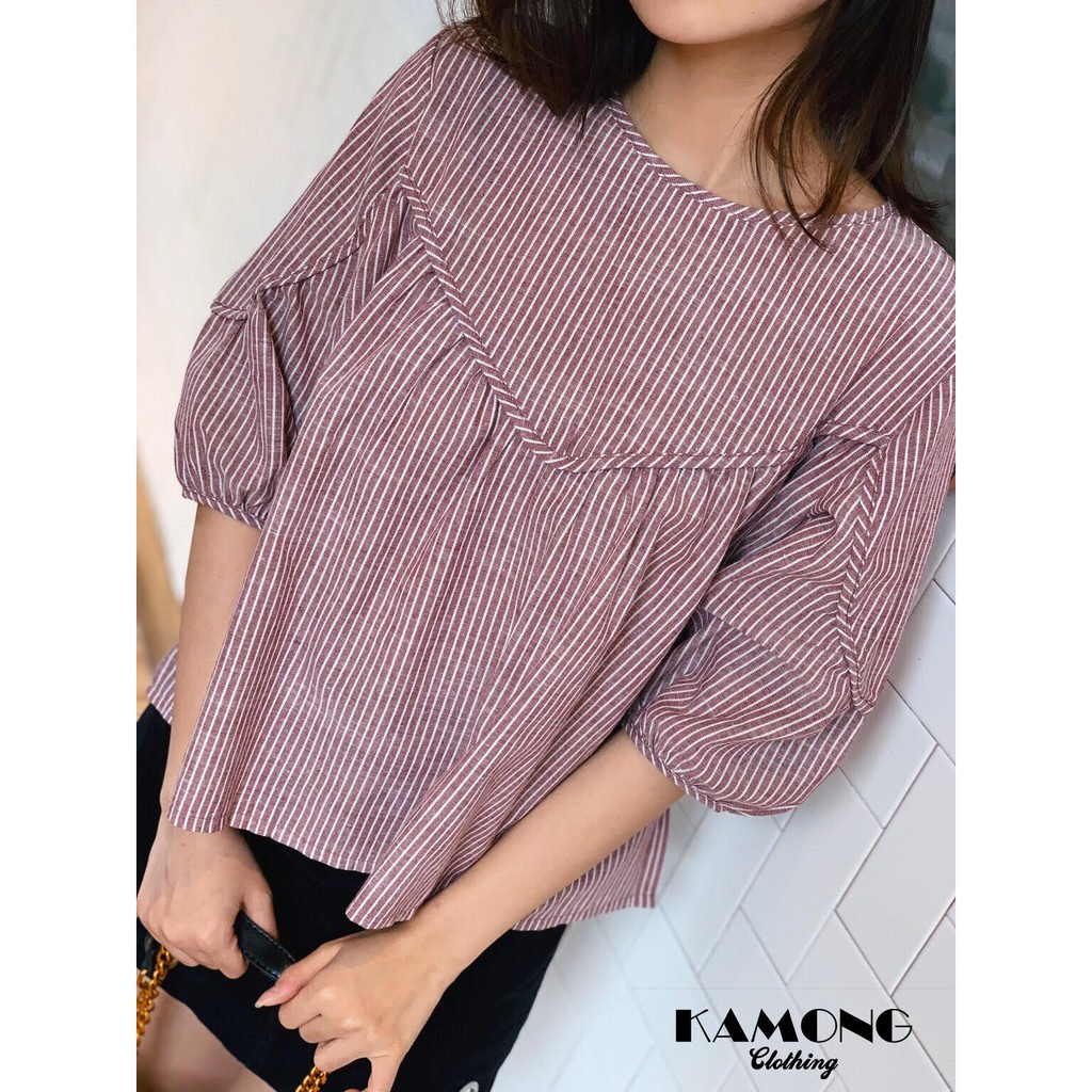 Áo kiểu babydoll sọc viền KAMONG A017 | BigBuy360 - bigbuy360.vn