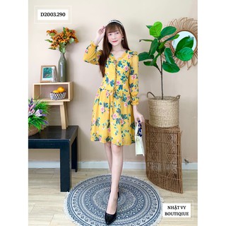 Đầm tơ hoa tay dài đan ngực - D2003
