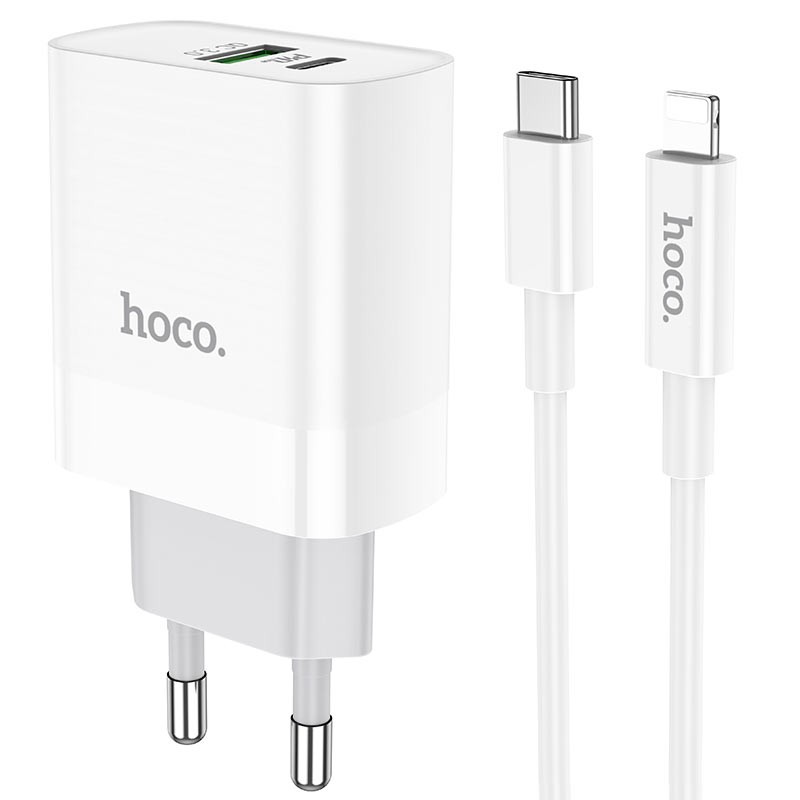 Bộ sạc nhanh PD20W Hoco C80/C80A 2 cổng ( USB + Type-C ) sạc nhanh 3A ( kèm cáp Type-C dành cho IP10/11/12/13/14) dài 1m