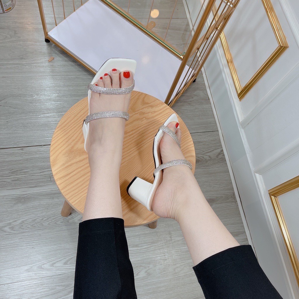 Guốc nữ 7 phân đế vuông đính ngọc tiểu thư Thiên Hương Giày VNXK BP45L152 Dép cao gót Sandal 7p cm 3 màu trắng đen bạc