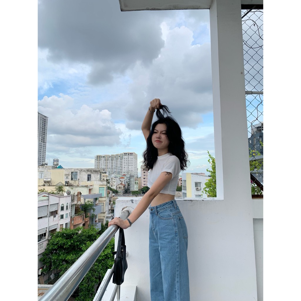 Quần Jeans Nữ Lưng Cao Ống Suông Rộng Màu Xanh LDL-102