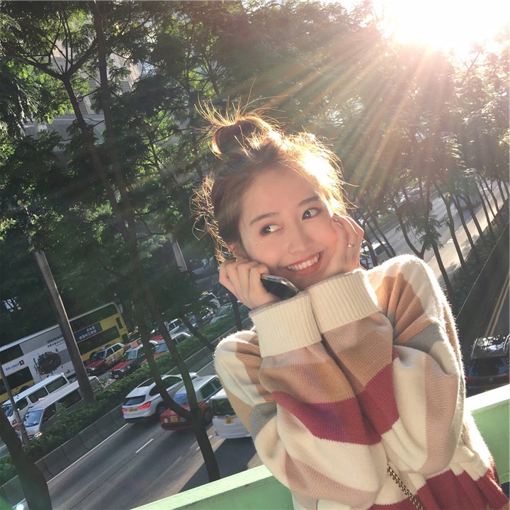 SUXI Áo thun nữ dài tay sọc ngang dáng rộng kiểu Hàn Quốc