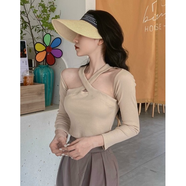 Áo thun kiểu nữ chéo vai tay dài sexy Michi,áo croptop nữ tay dài