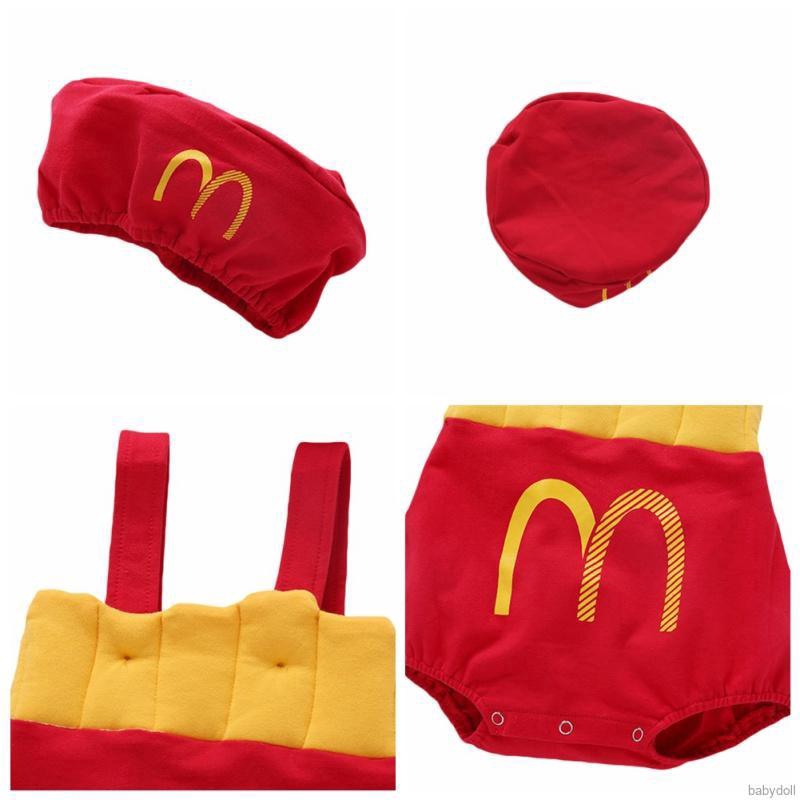 Baby Boys Girl Cute Sleeveless French Fries Covered Button Suspender Romper With Hat Baby Set