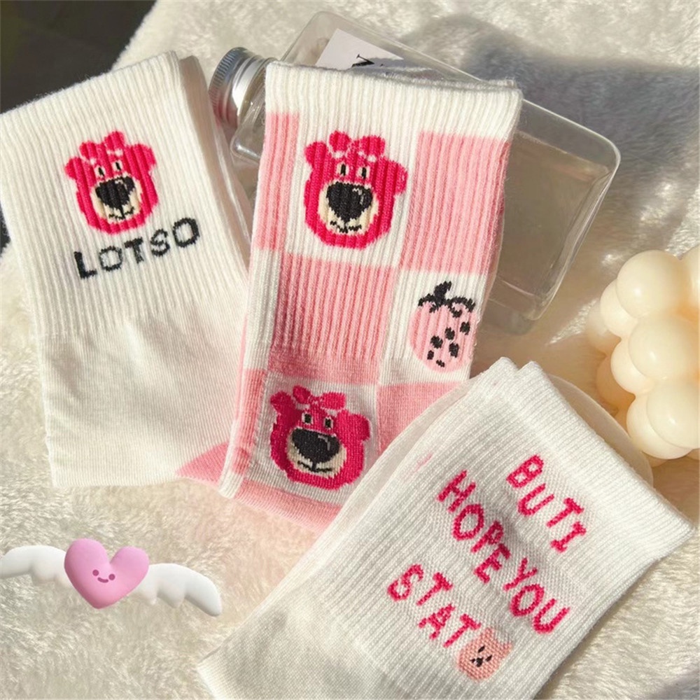 Cod Qipin INS Vớ Dài Họa Tiết Gấu Hồng Dâu Tây Hoạt Hình Phong Cách Lolita Hàn Quốc Ngọt Ngào Phụ Kiện Ngọt Ngào