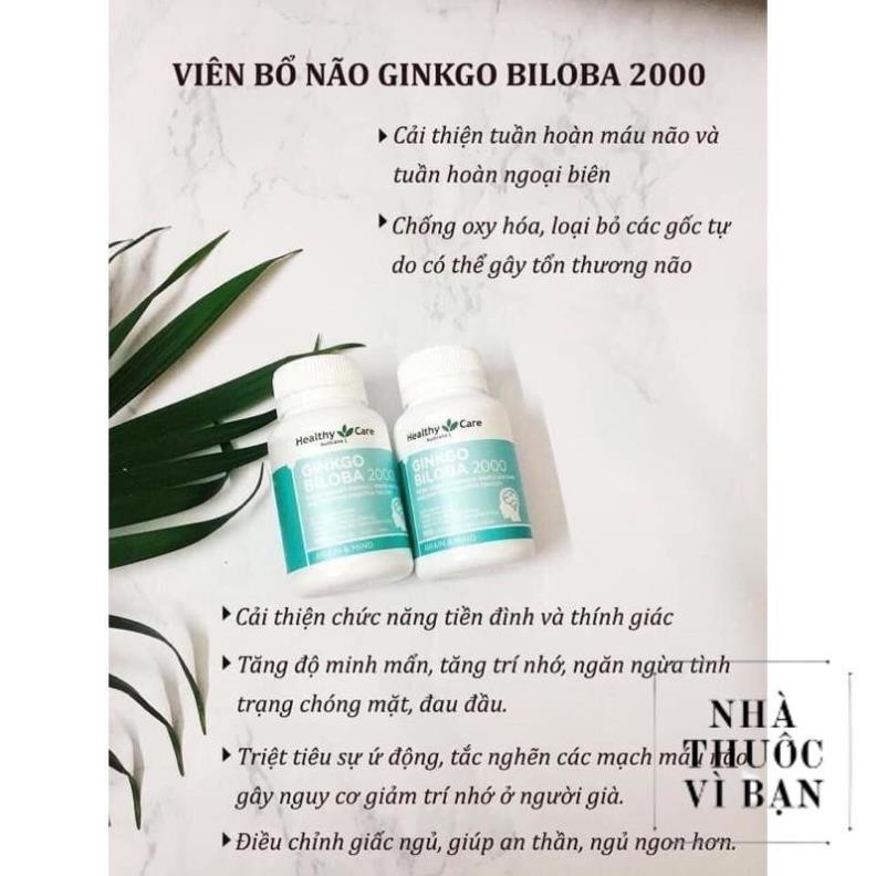 Bổ não Ginkgo Biloba 2000mg 100 viên Healthy Care, hàng Nội Địa ÚC